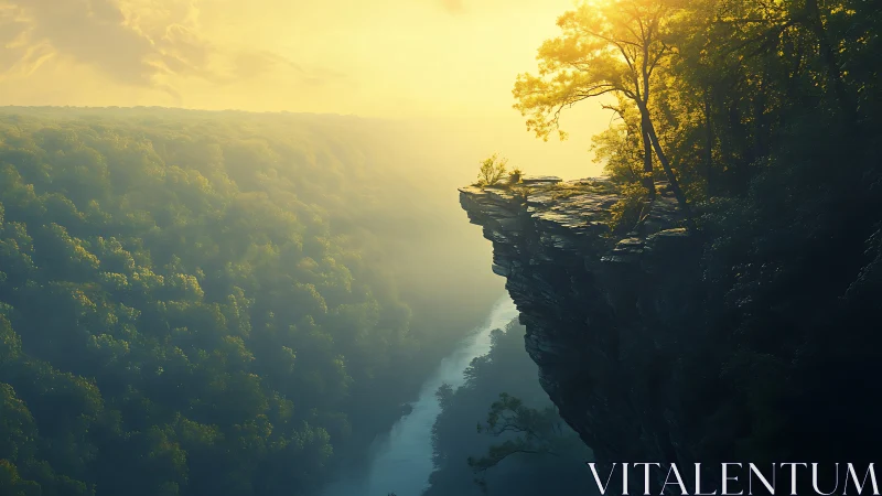 Sunlit cliff balcony above a dreaming forest river valley.