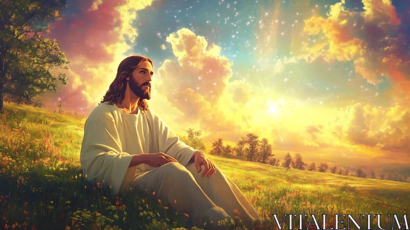 Serene robed figure in radiant sunset meadow with glowing sky.