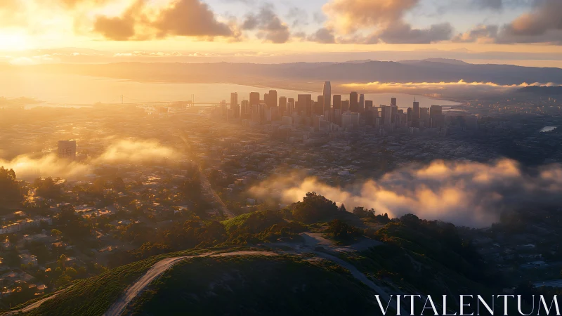 Sunset aerial panorama of coastal city skyline with low fog