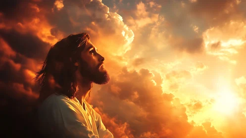 Bearded robed man gazes toward radiant golden sky