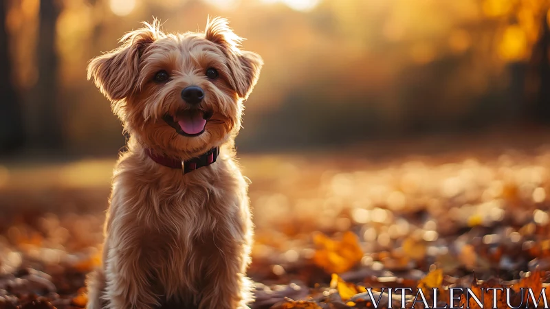 Sunny leaf-crunching pup basking in golden hour glow.