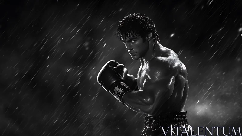Monochromatic boxer in dynamic stance with rain overlay and studio lighting