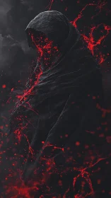 Hooded dark figure with red energy dispersion in shadowed space.