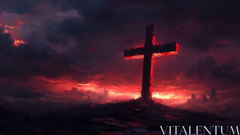 Solitary cross silhouette against red illuminated horizon.