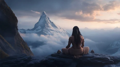 Mystic sage meditating before snowcapped mountain peak.