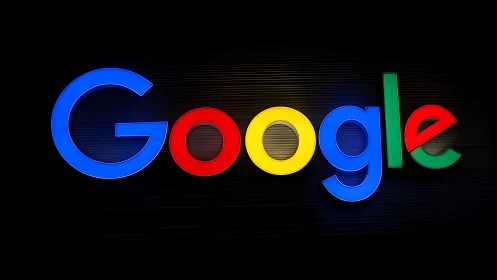 Google logo glows in bold primary colors on dark background.
