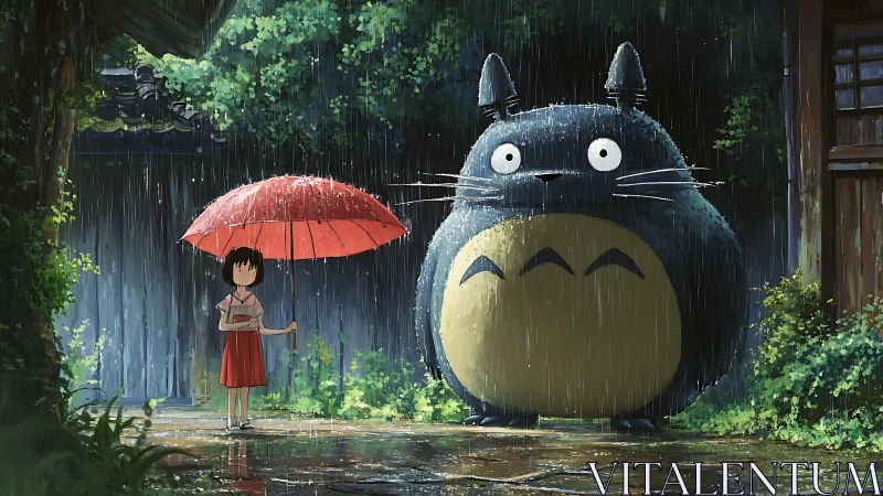 Rainy roadside pause with girl, red umbrella and forest giant.