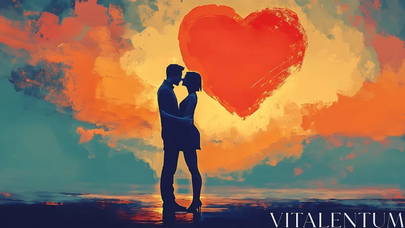 Silhouette couple kissing beneath red heart shape