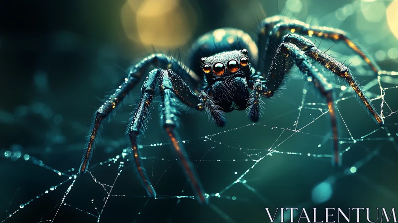 Neon-eyed web sentinel poised on moonlit silk threads.