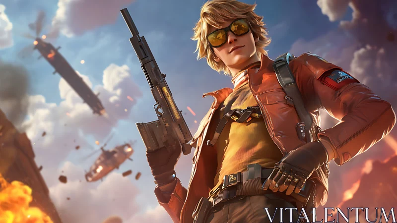 Confident mercenary dominates blazing aerial warzone.