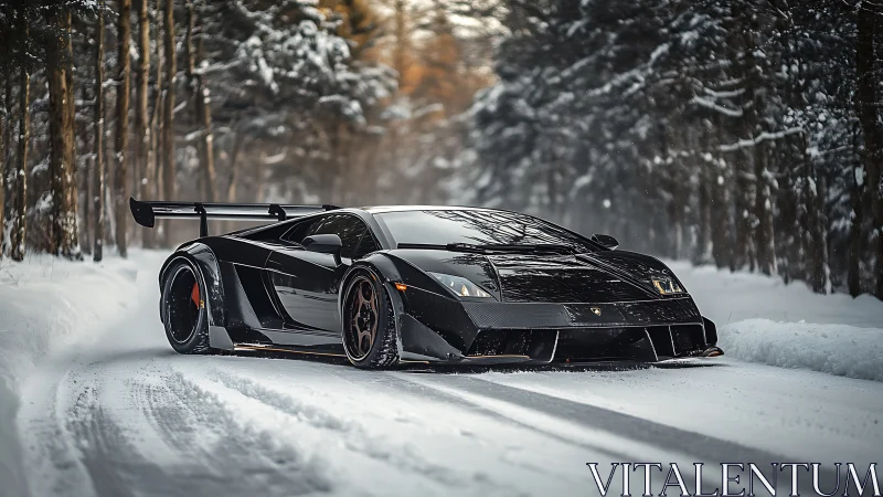 Aerodynamic black supercar negotiating snowbound forest road.