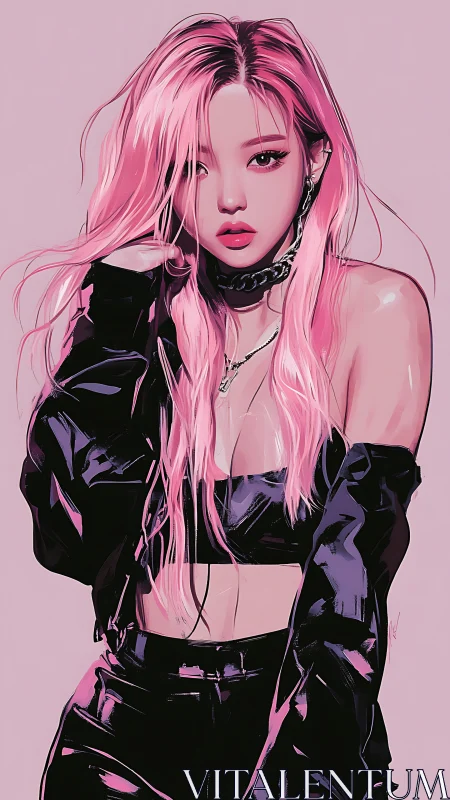 Pink-haired rebel in glossy streetwear glow portrait.