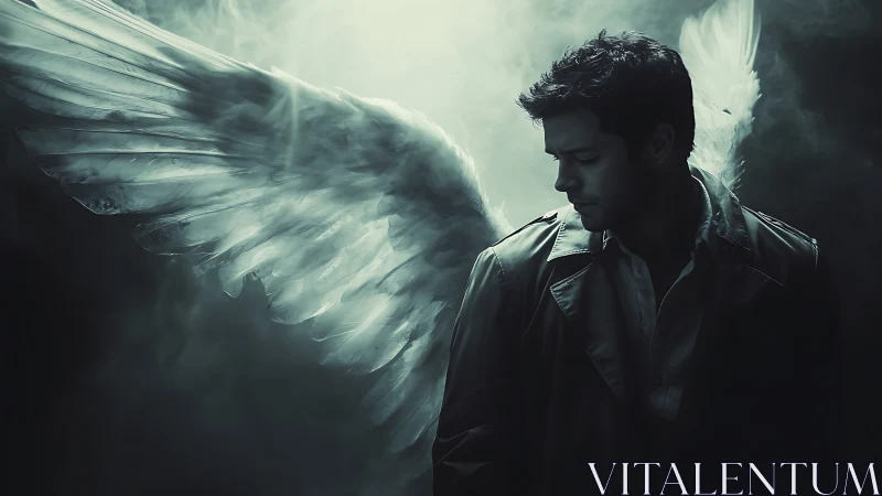 Brooding male angel with white wings in misty darkness.