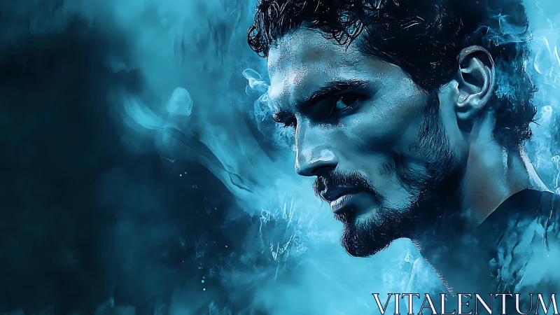 A mysterious blue portrait reveals a watchful, intense gaze