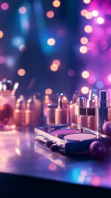 Photorealistic cosmetic layout under neon bokeh lighting.