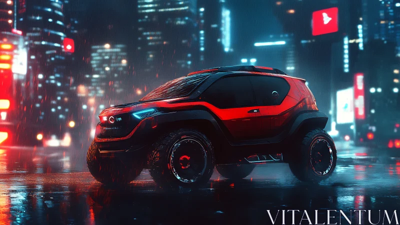 Futuristic off-road SUV rendered in neon-lit rainy cyberpunk street