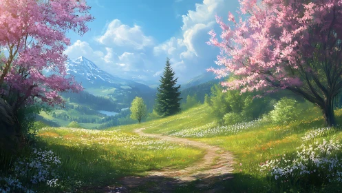 Spring-kissed mountain path curls toward the bright horizon