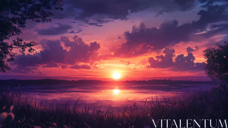 Gentle lake sunset wrapped in lavender and ember clouds.