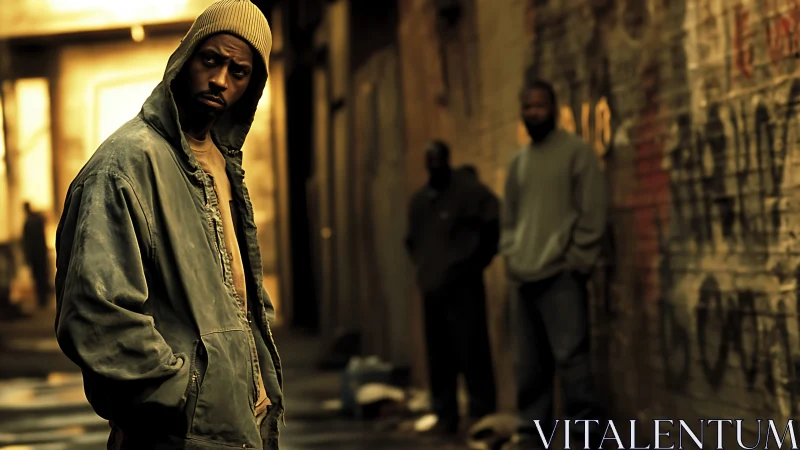 Photorealistic urban portrait with shallow depth of field focus.