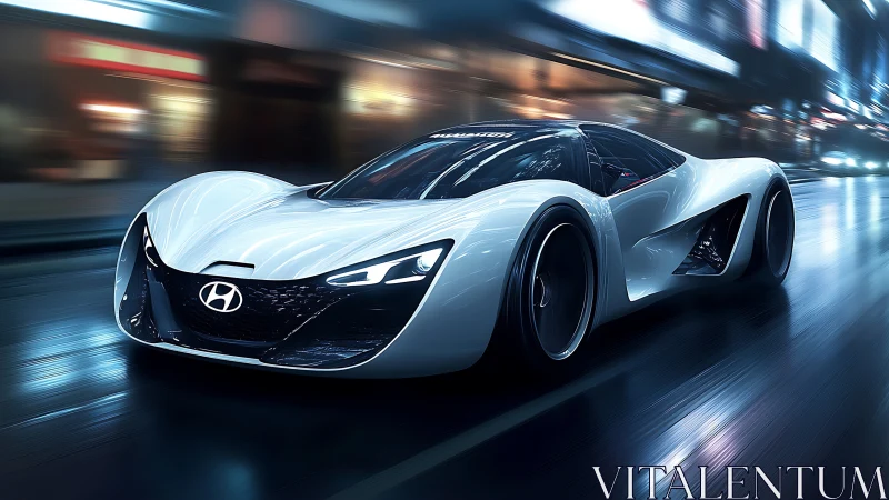 Hyundai hypercar concept races through neon city streets.