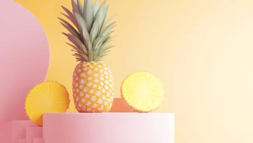 Fresh Pineapple Still Life on Pastel Pedestals, Modern Minimalist Style.