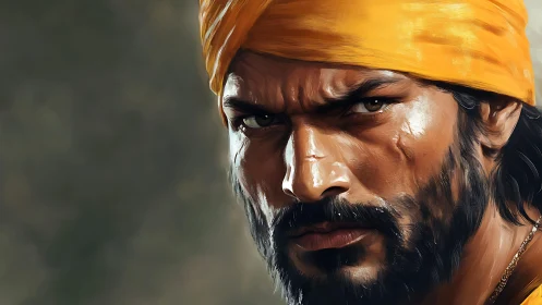 Storm-eyed warrior in a golden turban stares down destiny.