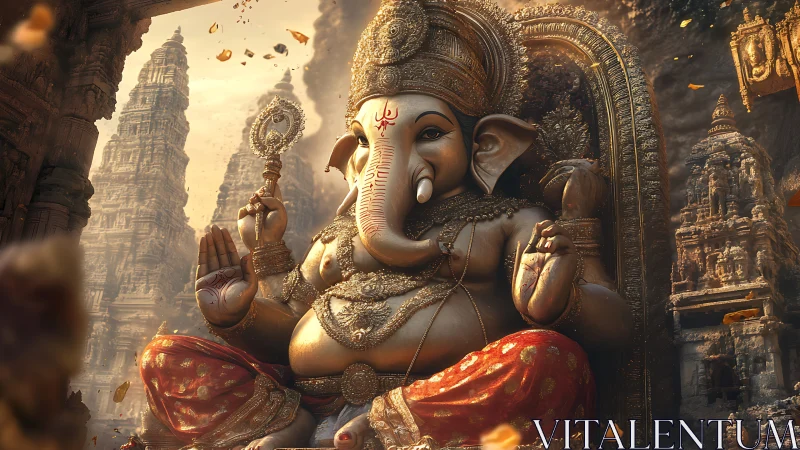 Golden temple calm with gentle elephant-headed deity.