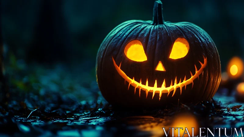 Glowing jack o lantern grins on wet forest floor at night.