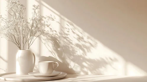 Soft directional lighting models ceramic vase, cup and shadows