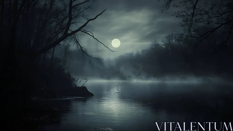 Full moon over dark misty forest lake at night.