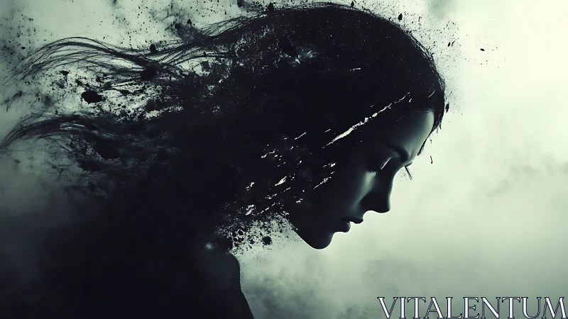 Silhouetted female profile dissolves into dark drifting dust