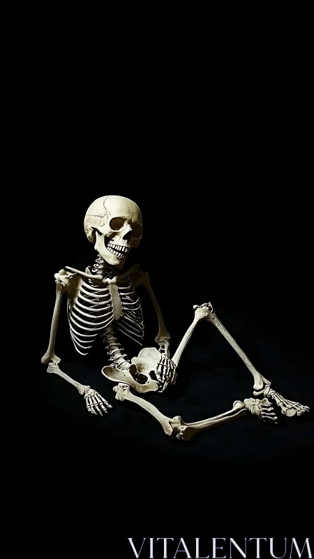 Human skeleton model sits relaxed against black background