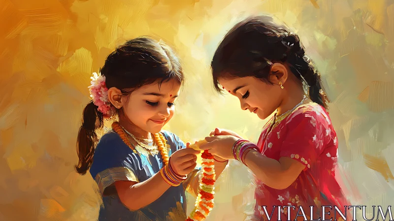 Two girls exchanging flower garland in warm golden light