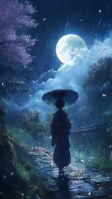 Moonlit rainwalk with lone figure and umbrella in 桜 garden.