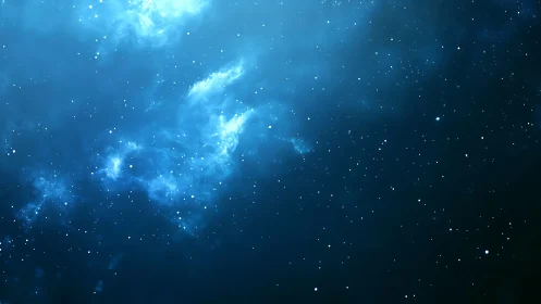 Blue cosmic nebula field with scattered bright stars.