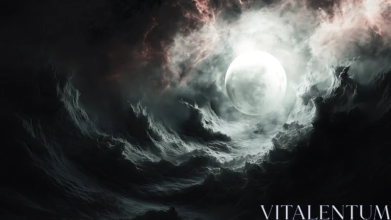 Luminous full moon above storm-torn monochrome cloudscape.