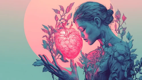 Woman Holding Glowing Heart with Botanical Elements.