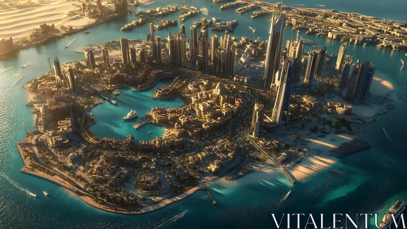 Dense coastal cityscape encircles artificial turquoise bay