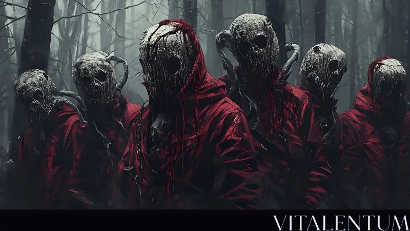 Cloaked forest figures stand united in eerie crimson silence