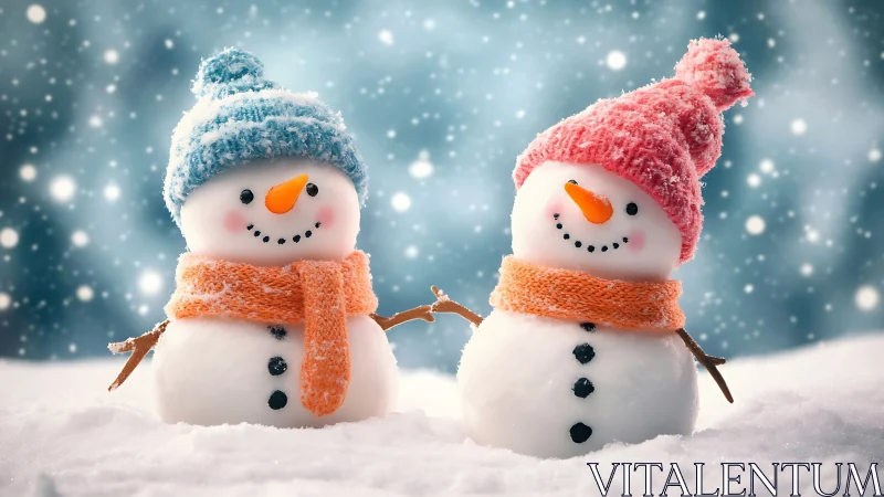 Two cheerful snowmen in winter snowfall scene outdoors.