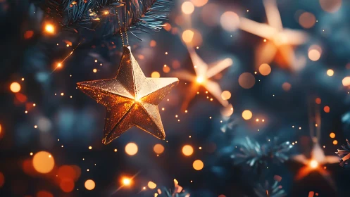 Glowing golden star ornament amid dreamy festive bokeh.