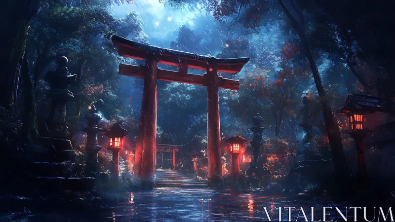 Rain-soaked torii gate glows softly in a misty forest shrine