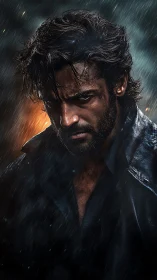 Storm-soaked vigil with a brooding leather-clad hero.