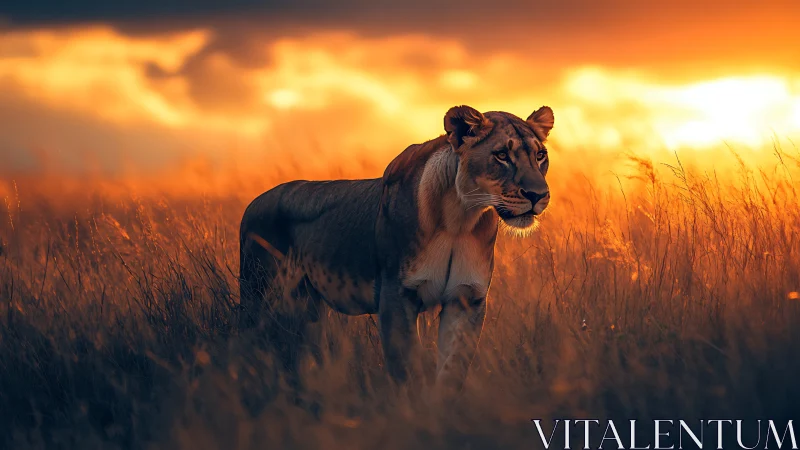 Lioness stalking through blazing savanna sunset light.