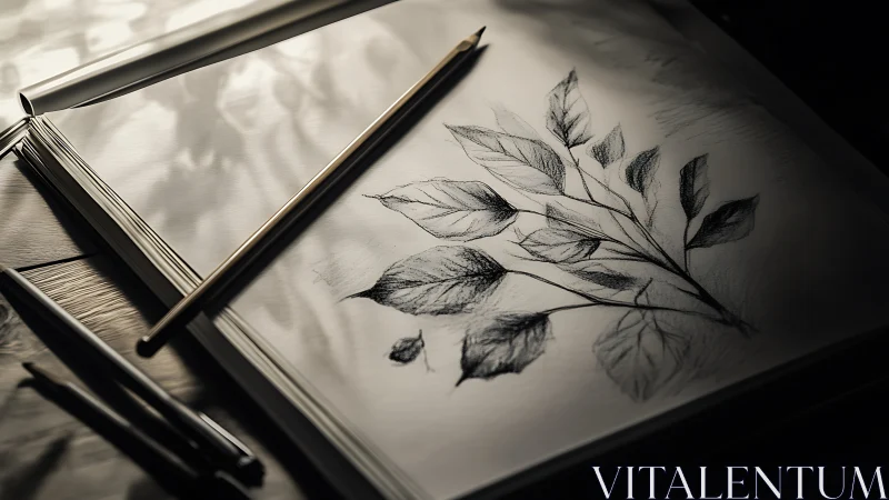 Graphite botanical study on sketchbook under raking light.