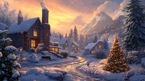 Snowy mountain village glows under warm winter sunset sky