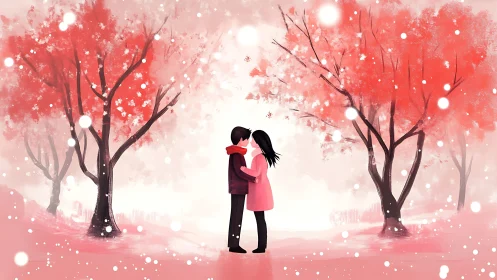 Couple Embracing in Pink Cherry Blossom Forest