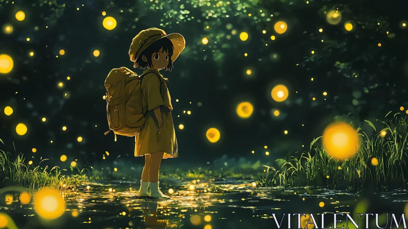 Young explorer surrounded by glowing forest fireflies at dusk.