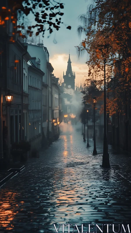 Nocturnal cobblestone axis toward neo-gothic clocktower skyline.
