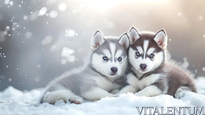 Blue-eyed husky puppies resting on snow in soft backlight.